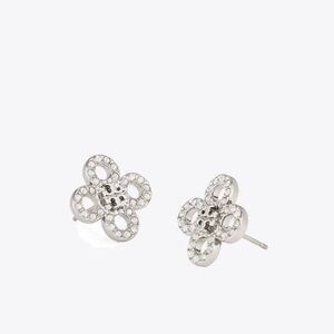 Tory Burch Silver Crystal Flower Logo Stud Earrings